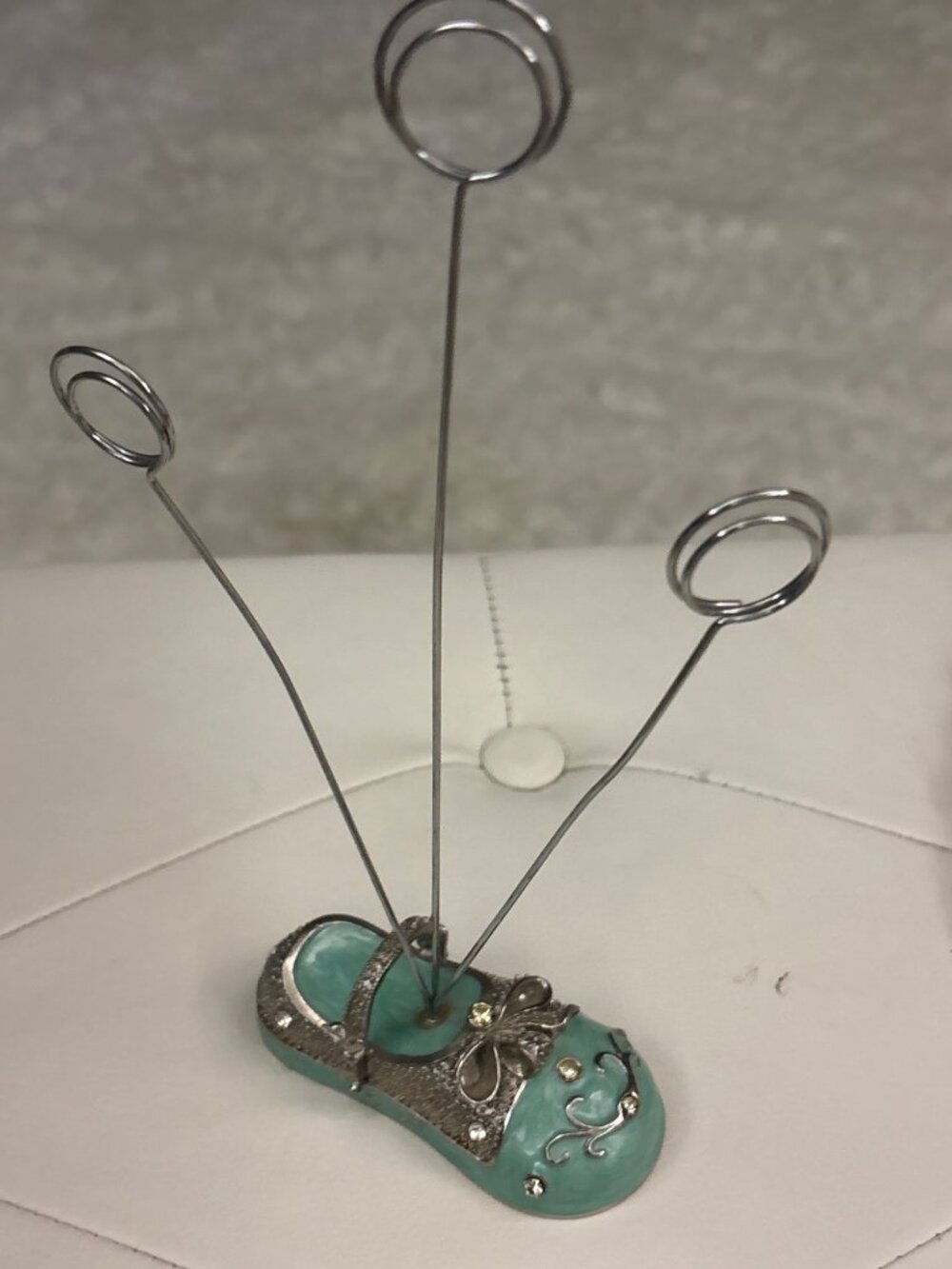 Baby Shoe Photo Card Holder Teal Enamel Silver Tone Rhinestone Bow Mary Jane